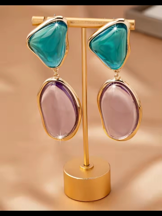 Anthropologie Jewelry - Gold-Tone Drop Earrings with Teal and Lavender Stones